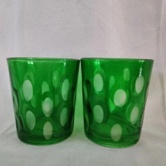 Pair of 2 Vintage Thumb Print/Coin Dot tumblers/Low Ball Glasses Green w/ white - Picture 1 of 7
